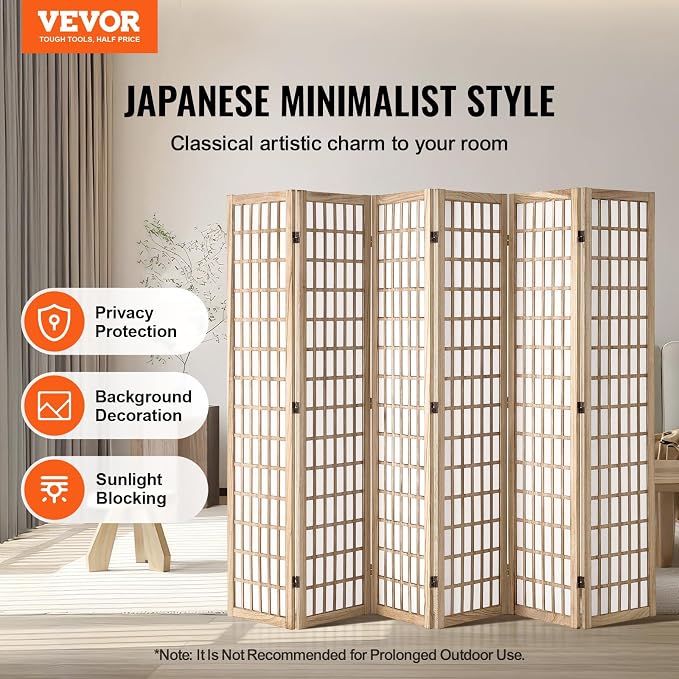 VEVOR Room Divider, 6 Panel Japanese Room Divider, Wood Folding Privacy Screen - Image 2