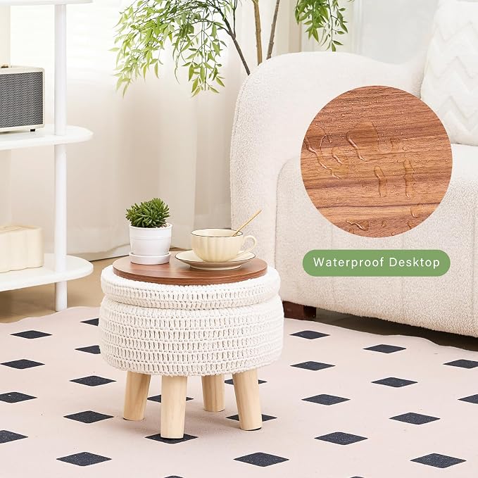 Wimarsbon Pouf Ottoman, 100% Cotton Knitted Boho Footstool, Round Footrest - Image 4