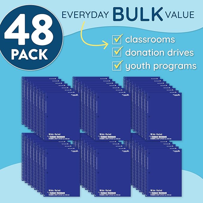 Blue Summit Blue Wide Ruled Spiral Notebooks Bulk, 1 Subject Spiral Notebook Wide Ruled, Paper School Bulk Notebooks, 48 Pack-DeskLoop Office