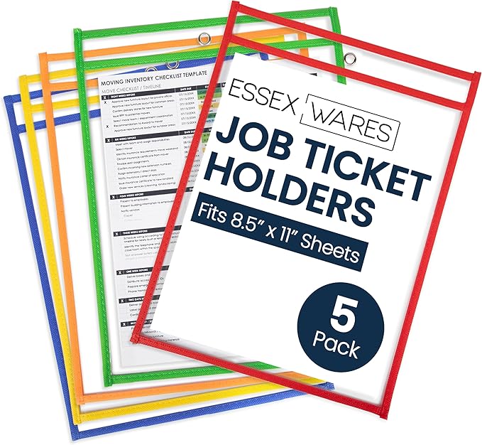 Essex Wares - 5 Pack, Job Ticket Holders, Reusable & Easy Erase Plastic Invoice by EssexWares