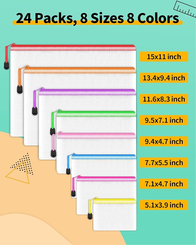 Smarpau 24pcs Mesh Zipper Pouch, 8 Sizes 8 Colors Plastic Zipper Bags - Image 2