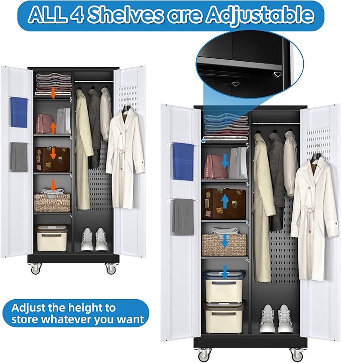 Garage Storage Cabinet with Wheels, Metal Tool Cabinet with Pegboards and 4 Adjustable Shelves, Garage Storage System with Lockable Door for Shools, Offices, Gyms and Pantries, Black and White-DeskLoop Office