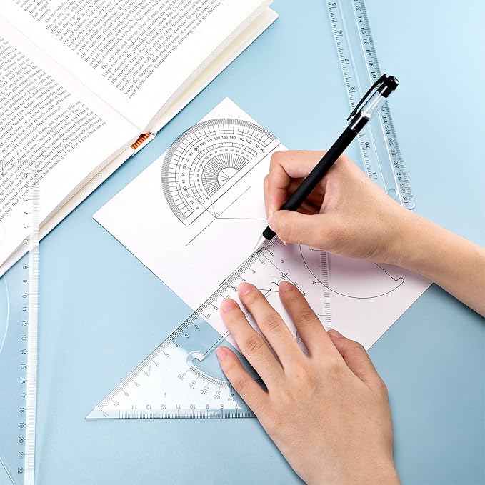 Frienda 5 Pieces Drafting Tools 12 Inch T-Square Ruler Plastic Transparent Drawing Ruler 180 Degree Protractor, 2 Triangles and a French Curve for Students and Engineering Drawing-DeskLoop Office