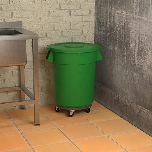32 Gallon Green Round Commercial Trash Can with Lid and Dolly-DeskLoop Office