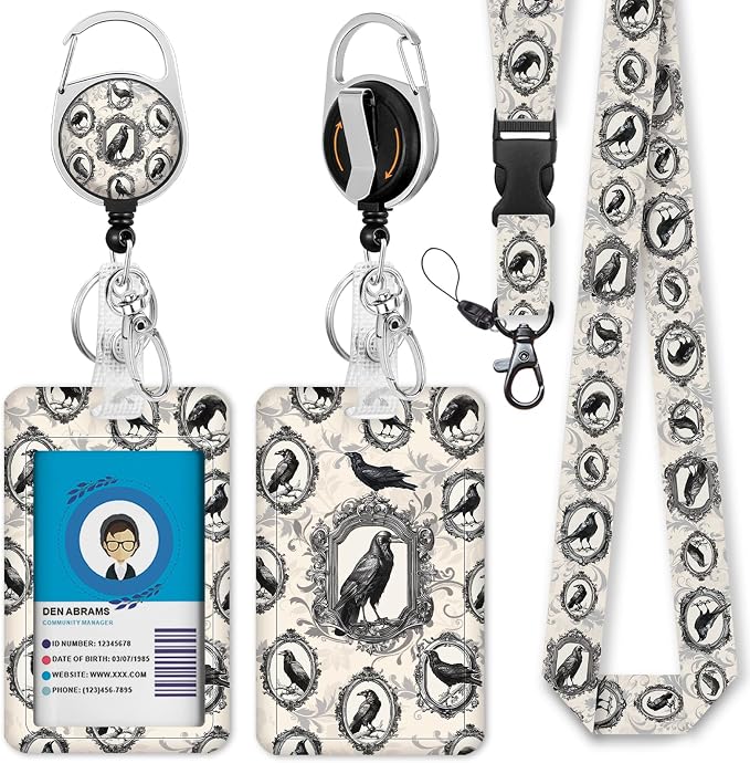 Crow Lanyards for ID Badges, Cute Badge Holder Retractable Reel Clip, Animal by IMMATURUS