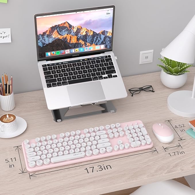 UBOTIE Colorful Computer Wireless Keyboard Mouse Combos, Typewriter Flexible Keys Office Full-Sized Keyboard, 2.4GHz Dropout-Free Connection and Optical Mouse (Pink-White)-DeskLoop Office