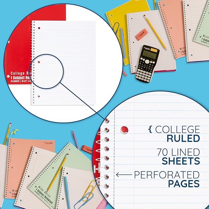 Blue Summit Red Spiral Notebooks Bulk, One Subject Spiral Notebook College Ruled, Perforated Notebook, 8 x 10.5 for Work and School, Paper, College Ruled, Bulk 48 Pack-DeskLoop Office