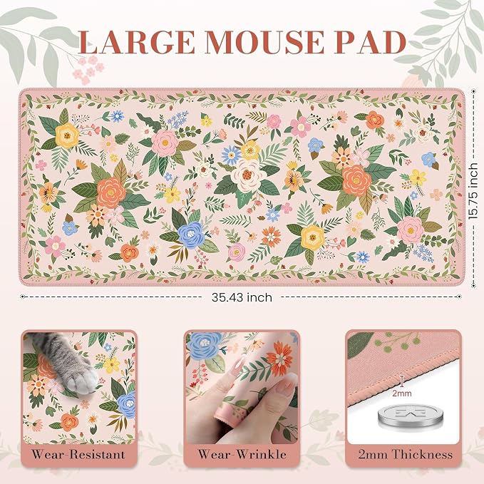 iCasso Floral Desk Mat for Keyboard and Mouse, Cute Gaming Mouse Pad XXL - Image 3
