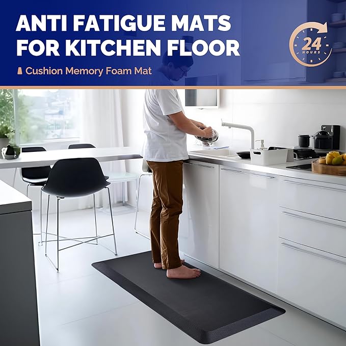 FEATOL Anti Fatigue Mat for Kitchen Floor, 9/10 Inch Thick Anti Fatigue Cushioned Floor Mat, Comfort Memory Foam Standing Padded for Sink, Kitchen, Home (Black, 24x70x9/10-Inch)-DeskLoop Office