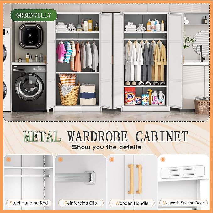 Greenvelly Metal Storage Wardrobe Cabinet, 72" White Metal Wardrobe Closet for Hanging Clothes with Doors and Shelves, Modern Steel Clothes Closet for Home, Office and Bedroom, School,Gym-DeskLoop Office
