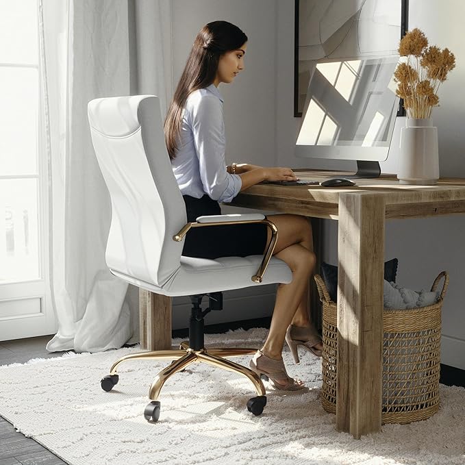 Flash Furniture Whitney Mid-Back Swivel LeatherSoft Desk Chair with Padded Seat and Armrests, Adjustable Height Padded Office Chair, 27"D x 26"W x 43"H, White/Gold-DeskLoop Office