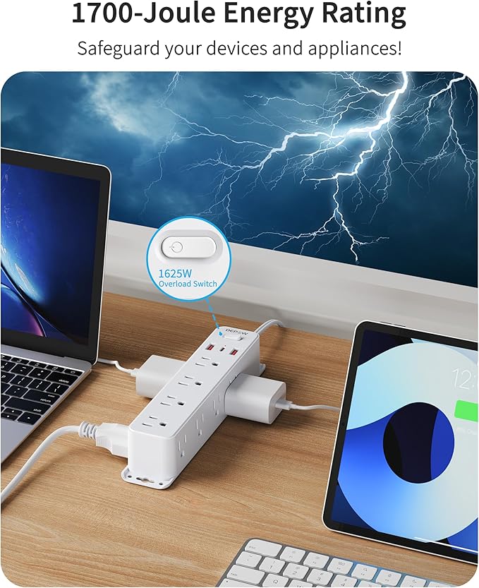 2 Prong Power Strip with 12 AC Outlets, 2 to 3 Prong Adapter, 3 USB Ports (1 USB C), 5FT Extension Cord, 1700J Two Prong Surge Protector, Wall Mountable, Ideal for Old House Non-Grounded Outlets-DeskLoop Office
