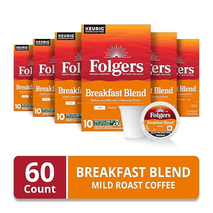 Folgers Breakfast Blend Coffee, Mild Roast, Keurig K-Cup Pods, 10 Count (Pack of 6)-DeskLoop Office