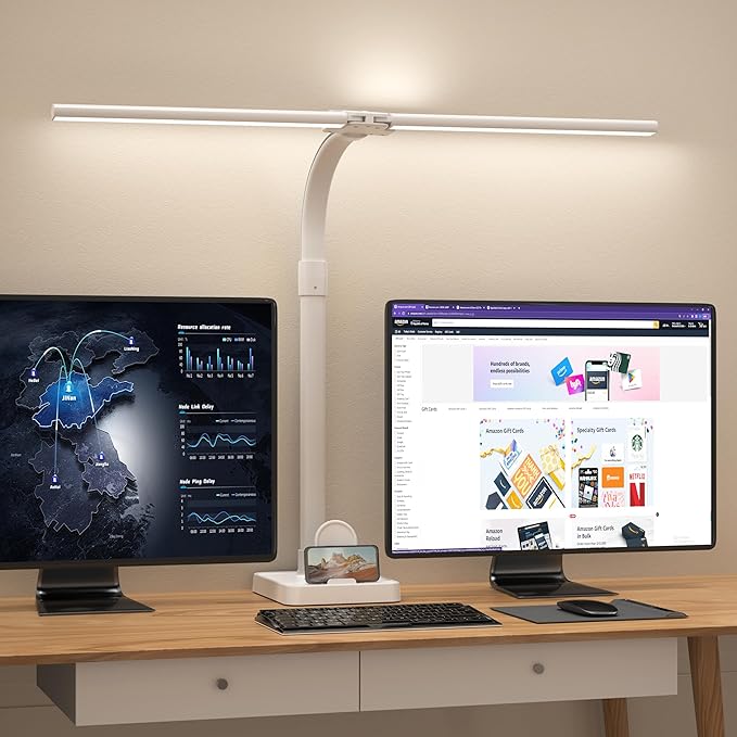 Led Desk Lamp for Home Office,24W Bright Eye-Caring Desk Light with Base,5 Brightness and 5 temperatures Dimmable Workbench Task Light, Adjustable Gooseneck Table Lamp for Monitor(White)-DeskLoop Office