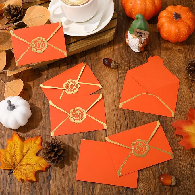 JarThenaAMCS 50Pcs Fall Mini Greeting Card Envelopes Bulk Orange Gift Card - Image 3