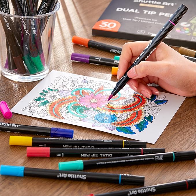 Shuttle Art Dual Tip Brush Marker Pens, 30 Colors Dual Tip Calligraphy Pens Fine and Brush Tip Markers Set, Water-based Ink Perfect for Kids Adult Artist Calligraphy Journal Doodling Writing-DeskLoop Office