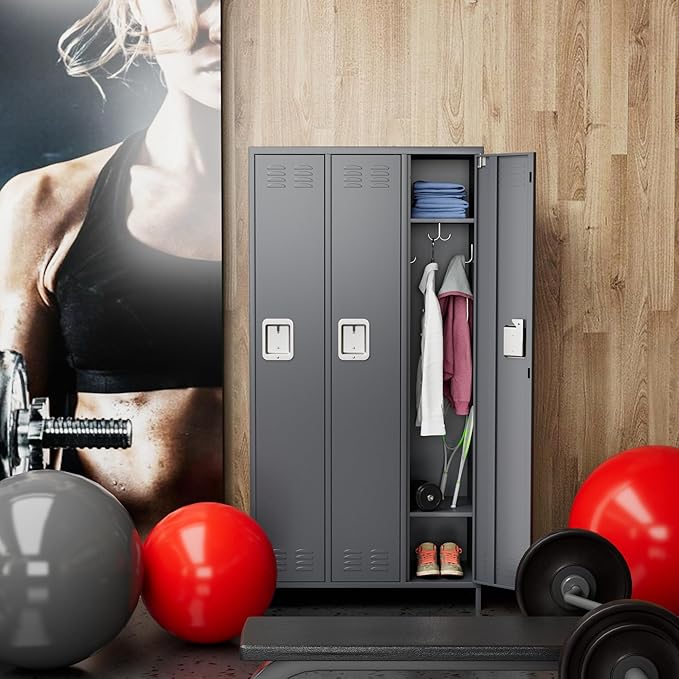 Metal Storage Locker with 3 Doors,Metal Locker for Employees with 9 Hooks for School Garage Office Gym Home,Assembly Required,Dark Grey-DeskLoop Office