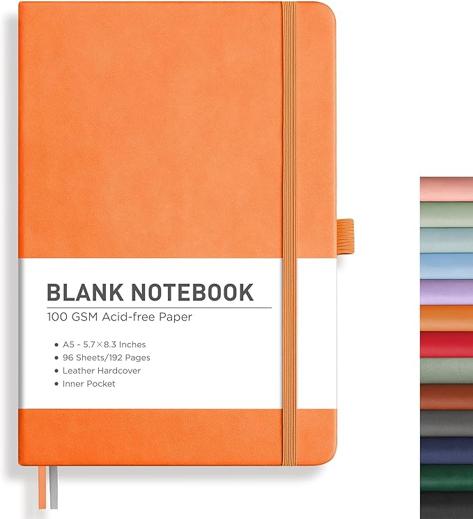 RETTACY Blank Journal Notebook, 192 Pages, A5 Medium Size (5.7'' x 8.3''), Leather Hardcover, 100 GSM Thick Paper, for Sketching, Drawing, Painting (Orange)-DeskLoop Office