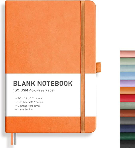 RETTACY Blank Journal Notebook, 192 Pages, A5 Medium Size (5.7'' x 8.3''), Leather Hardcover, 100 GSM Thick Paper, for Sketching, Drawing, Painting (Orange)-DeskLoop Office