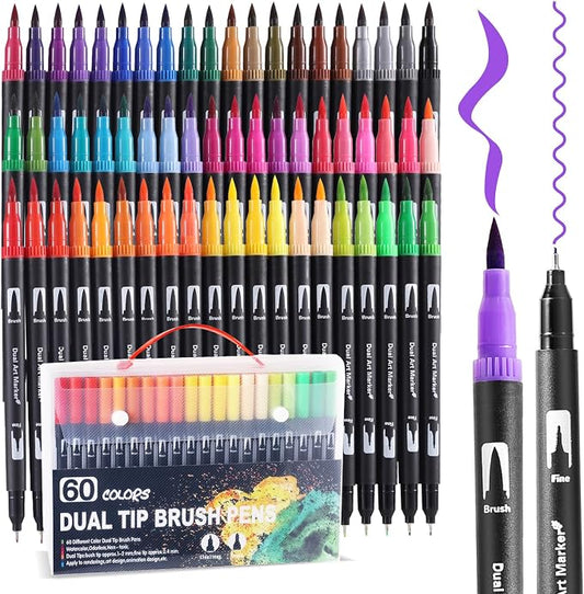 TOSHARE 60 Colors Brush & Fine Dual Tip Watercolor Markers by TOSHARE