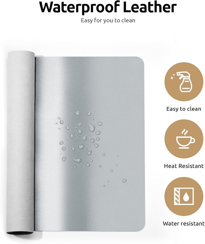 YSAGi Leather Desk Pad Protector, Office Desk Mat, Large Mouse Pad, Non-Slip PU Leather Desk Blotter, Laptop Desk Pad, Waterproof Desk Writing Pad for Office and Home (Silver, 35.4" x 17")-DeskLoop Office