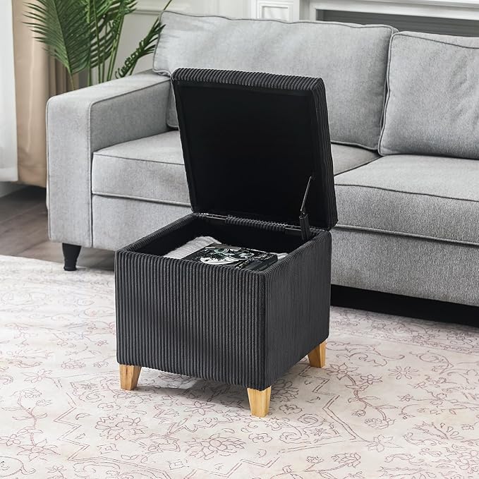 Adeco 18 Inch High Faux Fur Grey Cube Ottoman Storage, Fluffy Striped Velvet Chair Foot Stools, Small Bench Upholstered Vanity Stool with Hinged Lid, Solid Wood Legs-DeskLoop Office