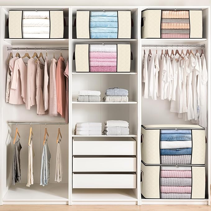 90 L Large Storage Bags, 4 Pack Clothes Storage Bins Foldable Closet Organizers - Image 4