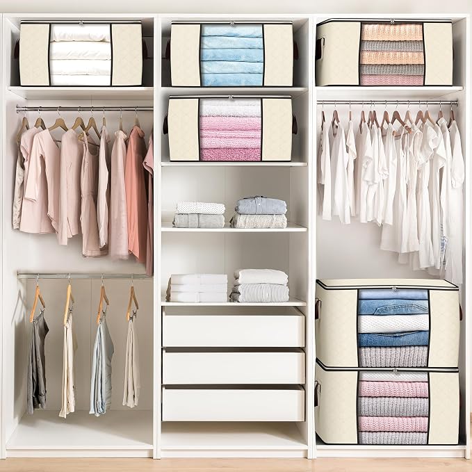 90 L Large Storage Bags, 6 Pack Clothes Storage Bins Foldable Closet Organizers - Image 5