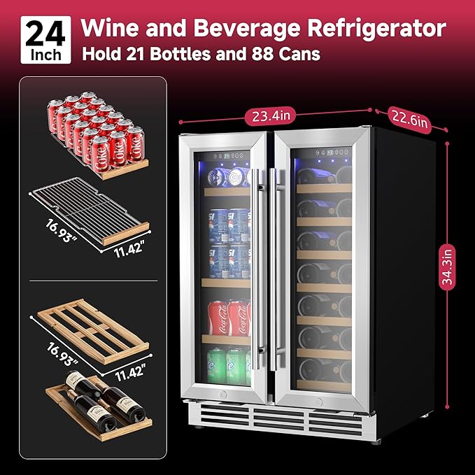 24" Wine and Beverage Refrigerator, Dual Zone Wine Cooler with Glass Door, Hold 88 Cans & 21 Bottles, Built in or Freestanding Under Counter Wine Fridge with Blue LED Light.-DeskLoop Office