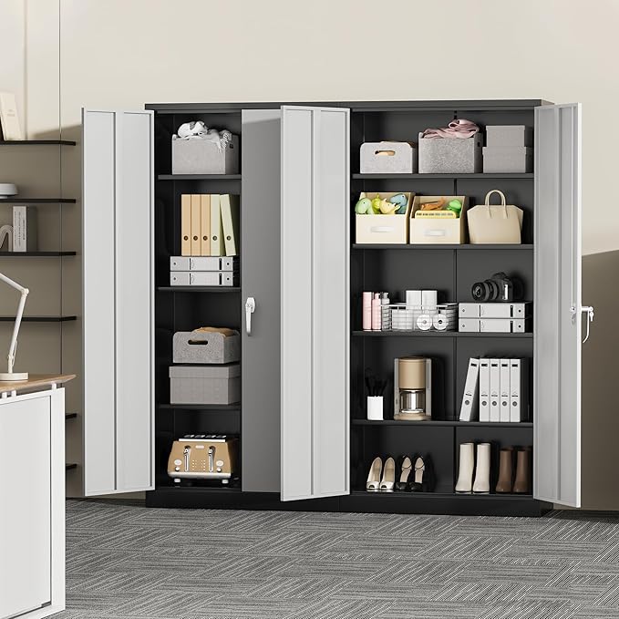Greenvelly Metal Garage Storage Cabinet with Lock, 72”Metal Storage Cabinet with 2 Doors and 4 Adjustable Shelves, Steel Tool Cabinet for Garage,Home Office, School,Gym (Black Grey)-DeskLoop Office