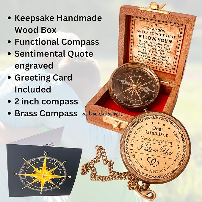 Gift for Grandson Brass Compass Engraved Quote | Memory Present to My Grandson - Image 2