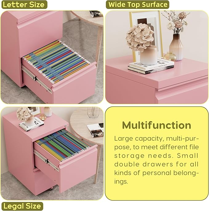 Aobabo Metal 2 Drawer Office File Cabinet with Lock, Under Desk Office Steel Files Cabinet on Wheels, 25.6''H Legal/Letter A4 Size, Fully Assembled Except Wheels,Pink-DeskLoop Office