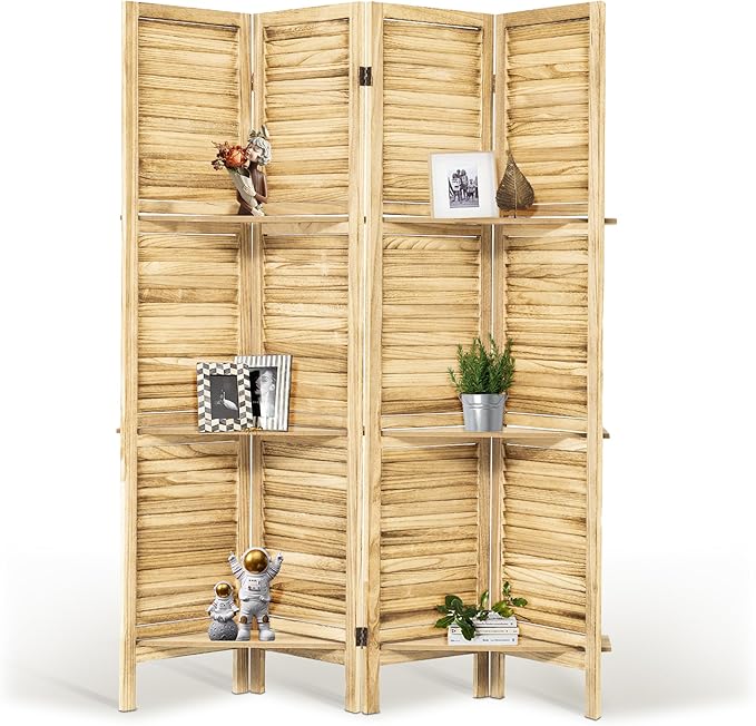 Room Divider with Shelves, 5.6FT Folding Room Divider Panel, 4 Panel Wood Partition Wall Divider for Room Separation, Natural Wood-DeskLoop Office