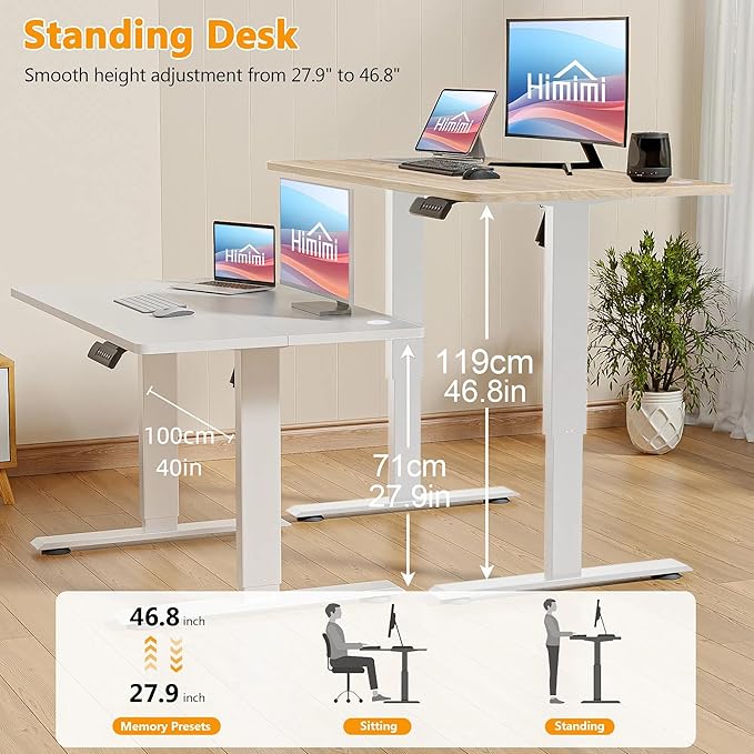 Himimi Electric Standing Desk 55 x 24 inch for Home Office,Sit-Stand Adjustable Desk with Memory Presets,Height Adjustable Desk for Gaming/Working,Free Hook, Lockable Wheels,Mouse Pad,Oak-DeskLoop Office