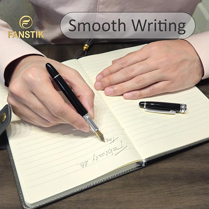 Customized Fountain pen with name (MADE IN USA), stainless steel, black and Silver, luxury engraved pen personalized for men and for women. (Fountain Black-Silver)-DeskLoop Office