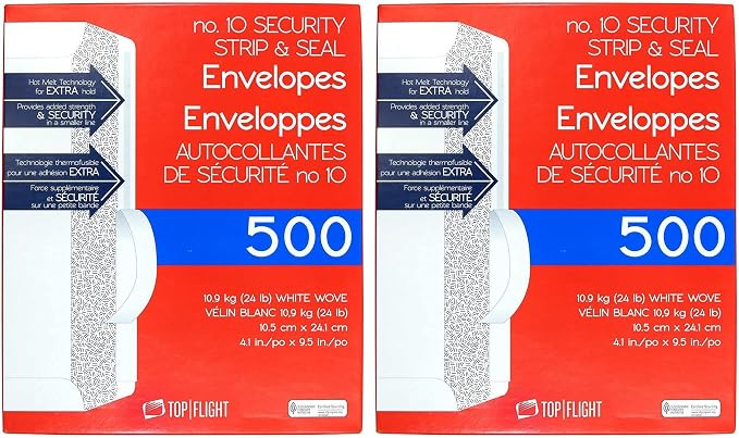 Top Flight PSTF10NWT #10 Envelopes, Strip & Seal, Security Tinted, 24 lb by Top+Flight