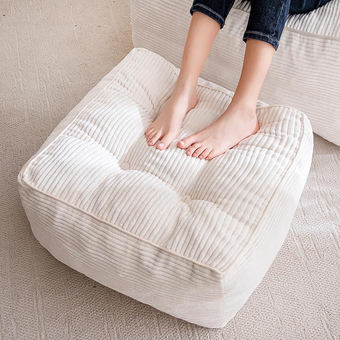 HIGOGOGO Square Stuffed Pouf Ottoman, Corduroy Poufs with Foam Chunk Filling, Furry and Fluffy Pouf Foot Stool Storage Ottoman, 21 X 21 Floor Poufs Foot Rest for Living Room, Beige-DeskLoop Office