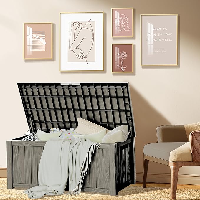 150 Gallon Resin Deck Box, Waterproof Outdoor Storage Bin for Patio Furniture, Pool Accessories, and Garden Tools, Lockable & UV-Resistant, Grey-DeskLoop Office