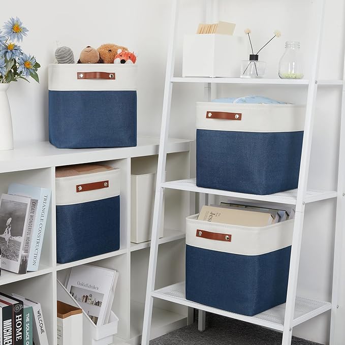 DULLEMELO Foldable Storage Cubes 12 x 12 Organizer Bins,Canvas Storage Bins Empty Gift Baskets for Organizing with SturdyLeather Handles, Closet Baskets for Nursery Storage(4 Pack - 12" White&Blue)-DeskLoop Office