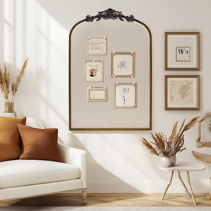 Arch Fabric Pinboard, Antique Gold Bulletin Boards 24"x36", Vintage Cork Board with Ornate Iron Frame for Wall Unique Display, Organization and Decor Options-DeskLoop Office