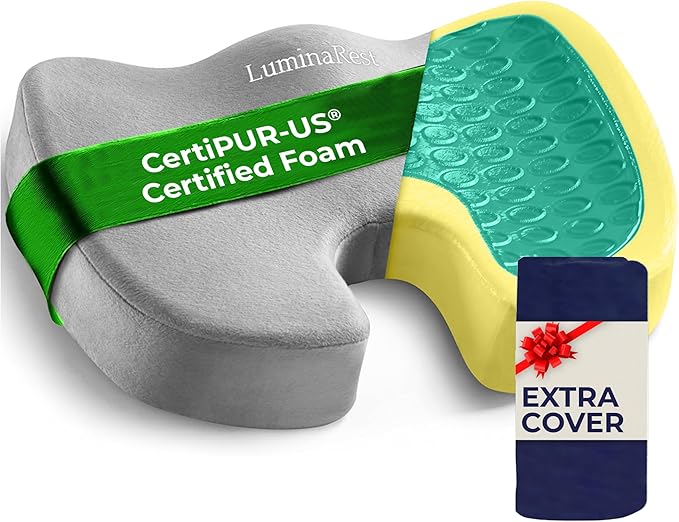 LuminaRest® Gel Enhanced Seat Cushion for Long Sitting – CertiPUR-US® Certified Memory Foam – Premium Gel Tailbone Pain Relief Cushion, Adaptable for Office, Car, Airplane & Wheelchair – (Gray)-DeskLoop Office