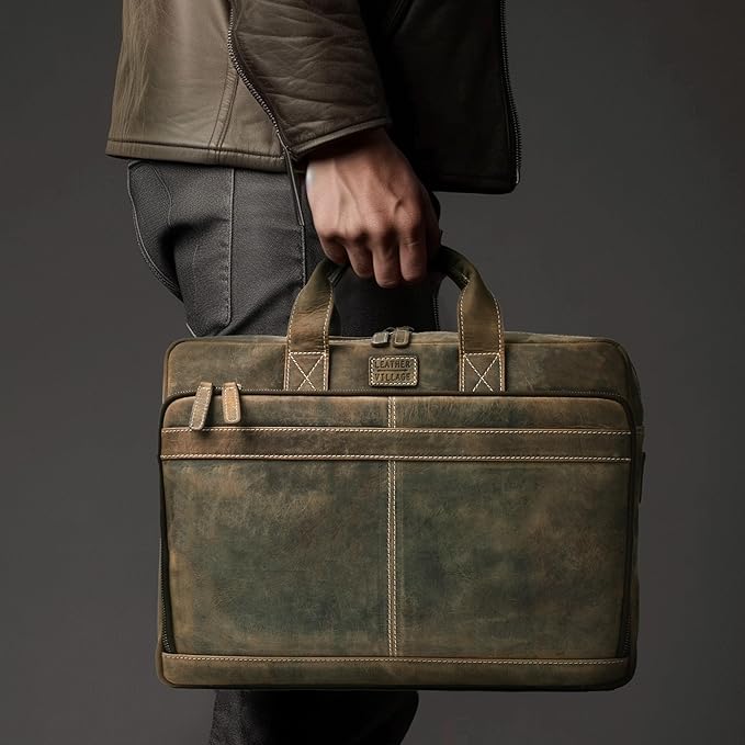 LEATHER VILLAGE 18" Leather Laptop Messenger Briefcase Bag for Men-Leather Satchel for Travel and Office Shoulder Bag-Rustic Brown
