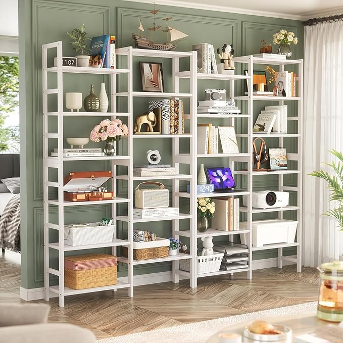 Homykic Double Wide Bamboo Bookshelf White, 6-Tier Large Open Bookcase with 12 Display Shelves, 6ft Tall Freestanding Book Shelf for Home Office, Bedroom, Living Room, Plants-DeskLoop Office