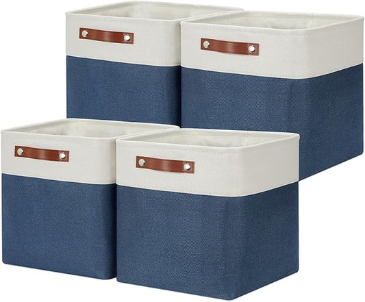 DULLEMELO Foldable Storage Cubes 12 x 12 Organizer Bins,Canvas Storage Bins Empty Gift Baskets for Organizing with SturdyLeather Handles, Closet Baskets for Nursery Storage(4 Pack - 12" White&Blue)-DeskLoop Office
