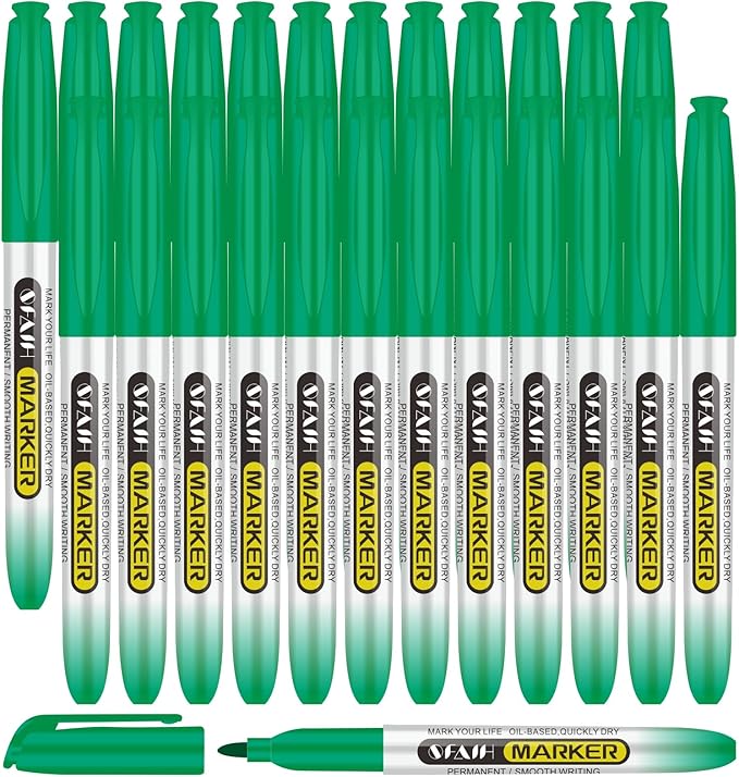 SFAIH Green Permanent Markers Bulk - 24 Pack, 1s Quick Dry, Fine Point Permanent Markers for Paper Plastic Glass Metal Wood, Waterproof, Kitchen Classroom Office, Doodling, Marking, Non-Fading-DeskLoop Office