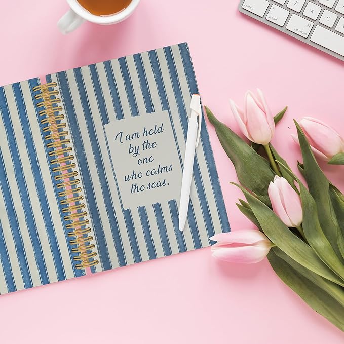 XPH Coastal Christian Spiral Notebook, Bible Verse Journaling Notebooks for Prayer, Blue Striped Religious Hardcover Journal for Writing 160 Pages 5.5 x 8.3 Inch, Christian Gifts for Women Men-DeskLoop Office