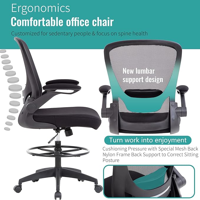 BestOffice Drafting Chair Tall Office Chair with Adjustable Foot Ring and Flip-Up Arms Computer Standing Desk Chair Executive Rolling Swivel Chair for Office & Home-DeskLoop Office