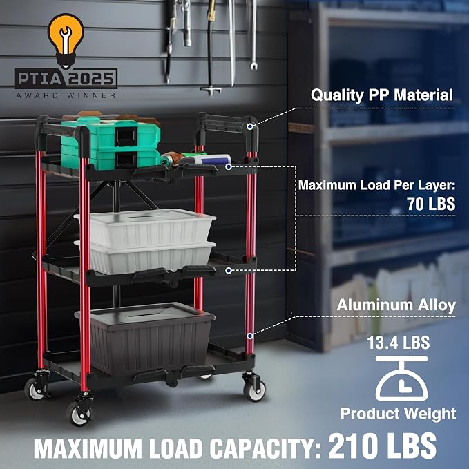 WORKPRO 3-Tier Collapsible Service Cart, 210 LBS Foldable Utility Cart - Image 4