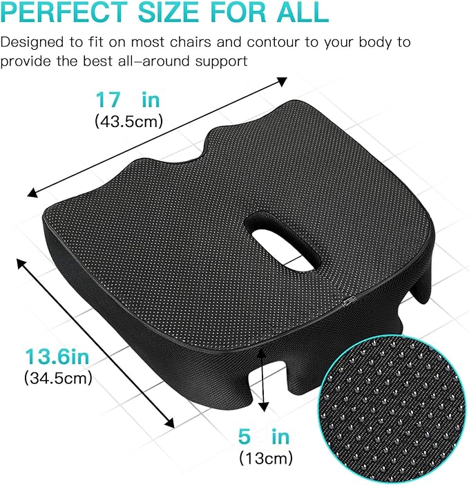 Benazcap Standard Memory Seat Cushion for Office Chair Pressure Relief Sciatica & Tailbone Pain Relief Firm Coccyx Pad for Long Sitting, Office Chair, Gaming Chair and Car Seat-Black, Standard Size-DeskLoop Office