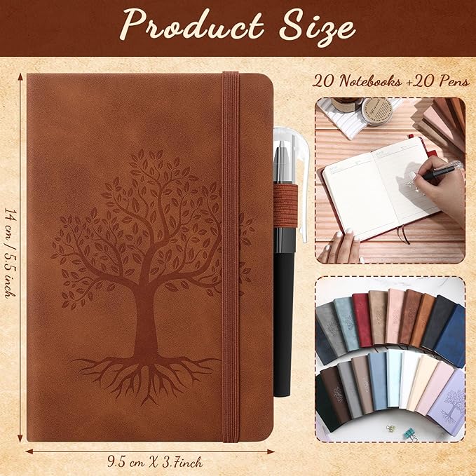 Estune Tree Small Notebooks Pen Leather Lined Pocket Subject Notebooks Hardcover Pocket Notepad Cute Ruled Leather Journals with Pen Holder for Men Women School Business, A6(Retro Color,20 Set)-DeskLoop Office